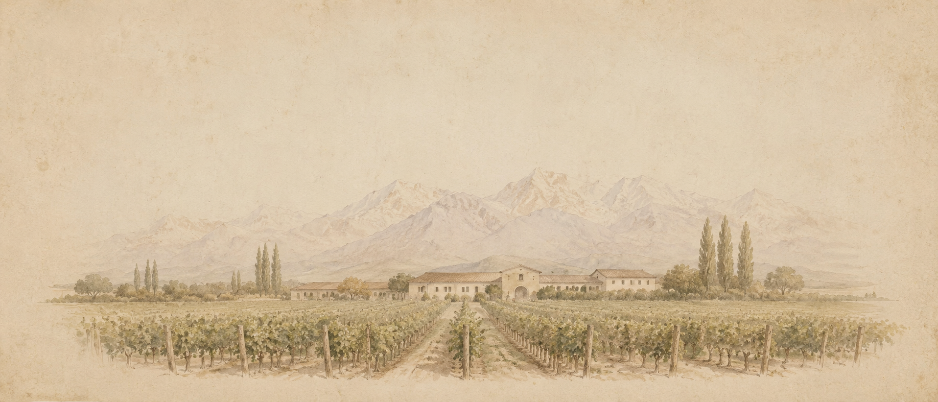 Aquarela da bodega entre vinhedos, com os Andes ao fundo